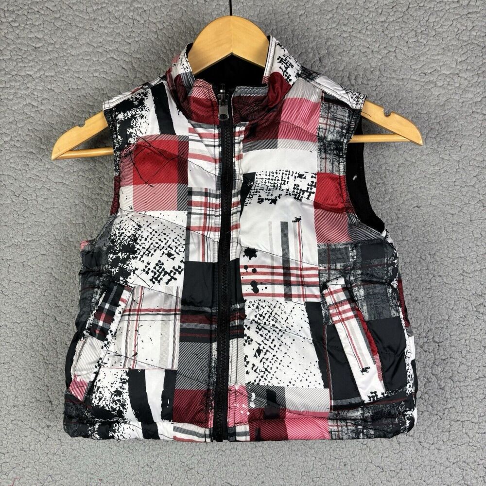 Cherokee Reversible Vest Puffer XS boys 4-5 black red white print Pockets Winter